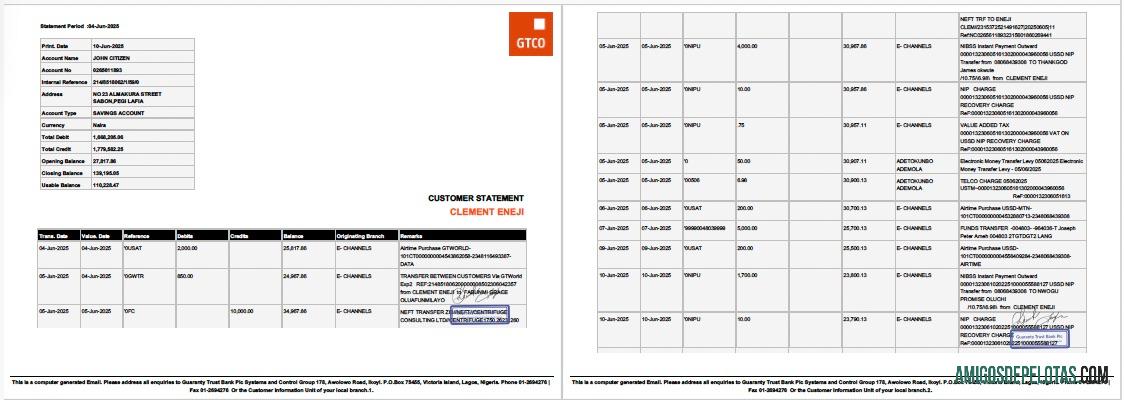 Realista Nigéria Guaranty Trust Bank Plc Extrato de conta modelo Word e PDF, 2 páginas